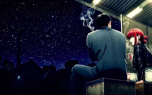5K Ultra HD PC desktop anime wallpaper: Yamada and Sasaki from Smoking Behind the Supermarket with You sit behind a supermarket, smoking beneath a starry night sky.
