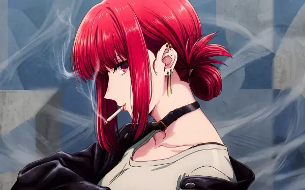 5K UHD desktop wallpaper: Smoking Behind the Supermarket with You (Yamada) — red‑haired anime girl in alternative fashion, choker and leather jacket, cigarette smoke curling behind her.