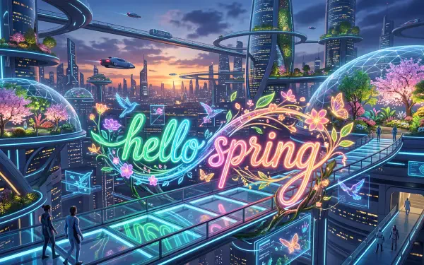 Futuristic sunset cityscape with cherry-blossom domes and neon hello spring sign, flying cars and glass walkways — 5K Ultra HD PC desktop wallpaper/background.