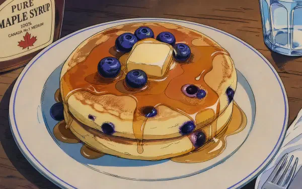 Blueberry pancake stack with melting butter and maple syrup on a plate, fork and glass on a wooden table — 4K Ultra HD PC desktop wallpaper and background.