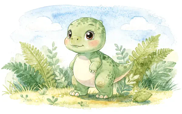 Watercolor baby dinosaur with big eyes standing among ferns and clouds, 4K Ultra HD PC desktop wallpaper/background.