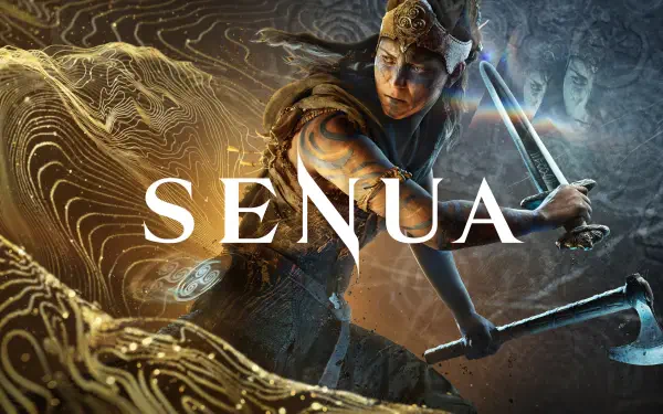 4K Ultra HD PC wallpaper of Senua from the video game, a warrior woman wielding a sword and hammer amid swirling golden and blue battle textures.