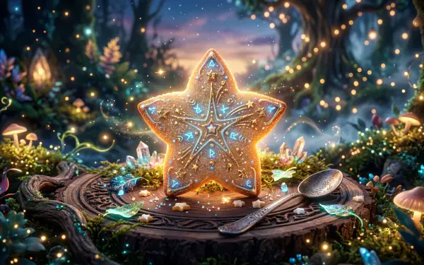 Star-shaped Sugar Cookie with glittering blue icing sits on a rustic wooden slab amid glowing mushrooms and fairy lights in a whimsical forest — 5K Ultra HD PC Desktop Wallpaper and Background.