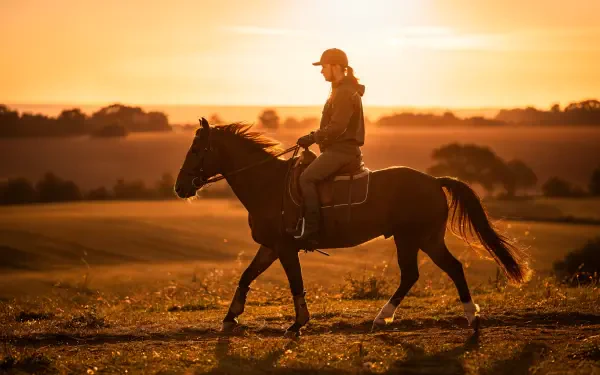 Silhouetted horseback rider trotting through golden fields at sunset — 4K Ultra HD PC desktop wallpaper and background evoking wide open countryside.