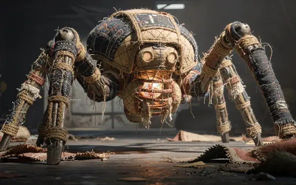 4K Ultra HD PC desktop wallpaper/background: a weathered spider mech with glowing eyes prowls a dim, debris-strewn industrial hangar.