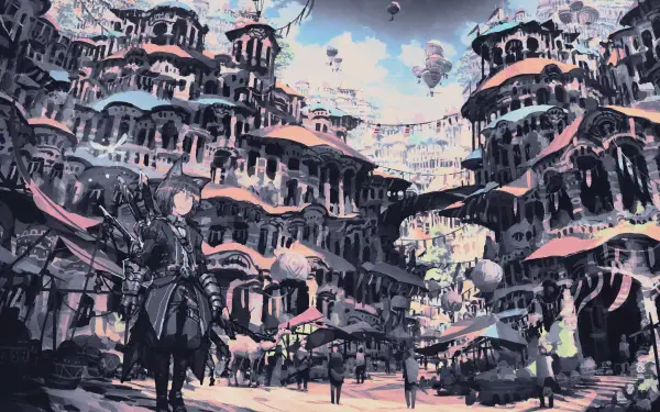 Digital Art digital painting illustration Artwork: sprawling fantasy cityscape landscape with layered terraces, airships and small figures — 2K Quad HD PC desktop wallpaper/background.