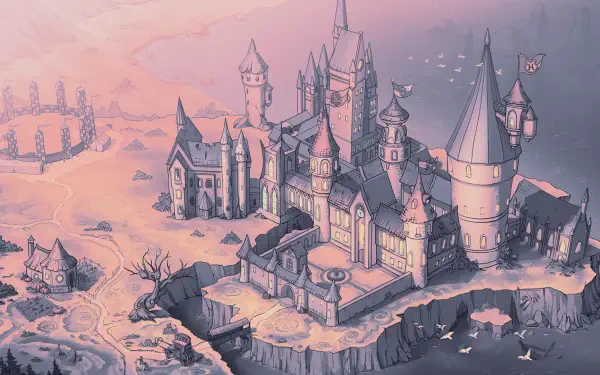 Digital art digital painting illustration artwork landscape: HD PC desktop wallpaper of a pastel sunset castle with turrets perched on a rocky cliff above a calm sea and distant ruins.