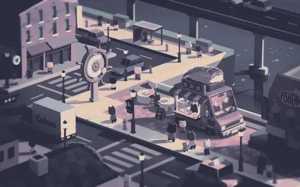 Digital Art digital painting illustration artwork landscape — HD PC desktop wallpaper: stylized isometric city plaza with a food truck on an elevated walkway, pedestrians and soft dusk lighting.