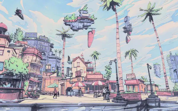 4K Ultra HD PC desktop wallpaper: digital art digital painting illustration — pastel landscape artwork of a seaside town with palm trees and floating islands.