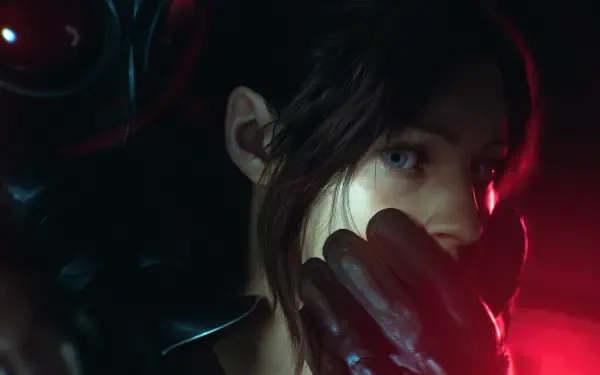 Close-up of Veronica from the Resident Evil video game, lit by red and cool light, hand near mouth, moody 4K Ultra HD PC desktop wallpaper with cinematic survival-horror atmosphere.