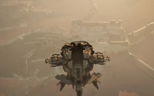 4K Ultra HD PC desktop wallpaper from the video game gen ATLAS: massive sci-fi vessel hovering above a fog-shrouded, ruined cityscape.