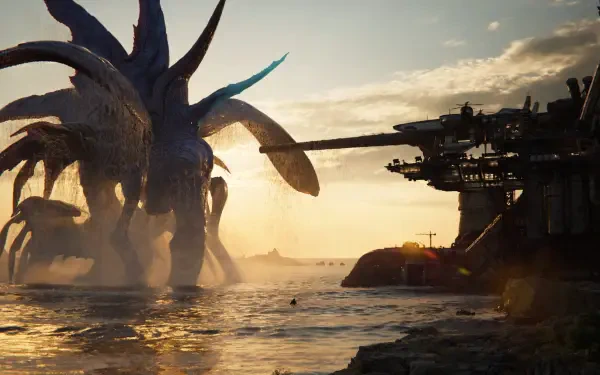 Final Fantasy VII Revelation video game 4K Ultra HD PC desktop wallpaper: a towering sea creature looms over a coastal industrial platform at sunset, cinematic dramatic landscape.
