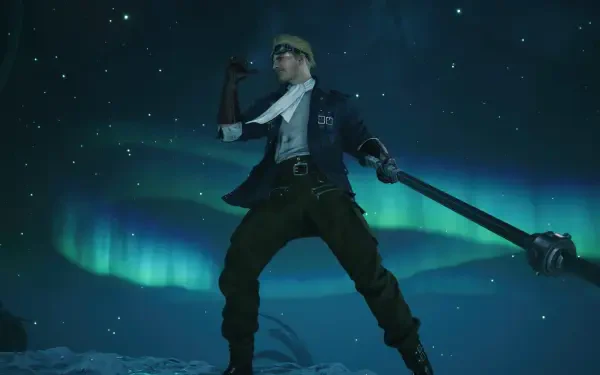 4K Ultra HD PC desktop wallpaper: Final Fantasy VII Revelation scene — armed character stands on snowy ridge under aurora-lit night sky. Video game background.