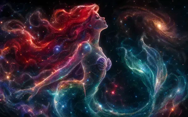 Cosmic Ariel (The Little Mermaid) with flowing red hair and a shimmering star-filled tail against a nebula backdrop — 4K Ultra HD PC desktop wallpaper and background.