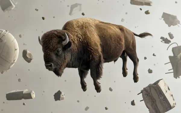 4K Ultra HD PC desktop wallpaper/background: a solitary buffalo floating amid drifting debris and shattered concrete pieces against a muted gray sky.
