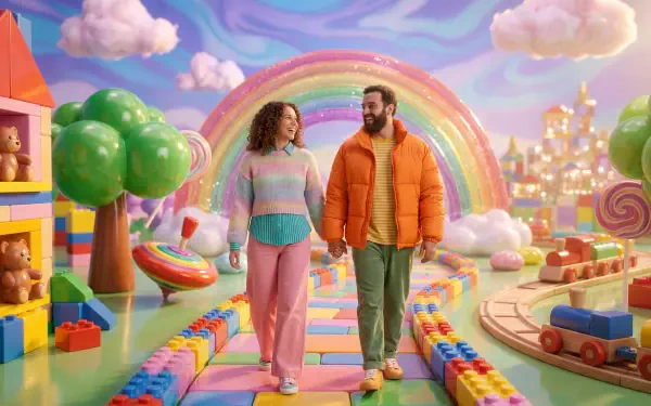 5K Ultra HD PC desktop wallpaper and background: a parent couple holding hands, strolling through a colorful candyland with a rainbow arch, clouds and oversized toys.