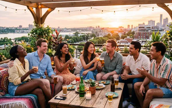 5K Ultra HD PC desktop wallpaper: friends gathered on a rooftop at sunset, laughing and sharing drinks—warm, relaxed good vibes overlooking the city.