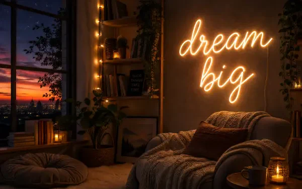 4K Ultra HD PC desktop wallpaper of a cozy sunset-lit room with neon dream big sign, fairy lights, plants, cushioned chair and candle, framed bookshelf and city view through the window.