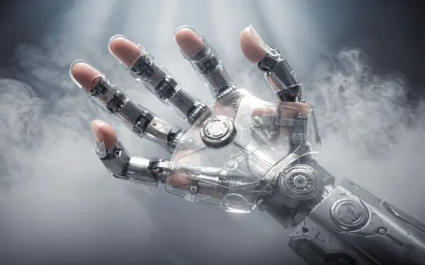 Close-up of a metallic robotic hand with exposed mechanics amid drifting fog, 4K Ultra HD PC desktop wallpaper and background.