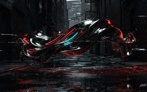 4K Ultra HD PC desktop wallpaper of a glossy liquid metal ribbon with red and teal highlights floating over a rain‑slick urban alley, reflective puddles below.