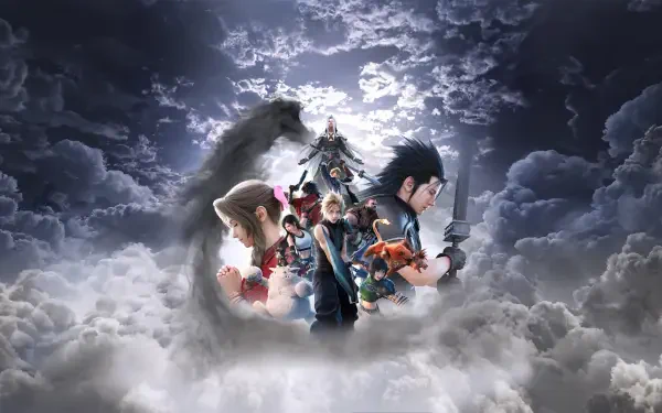 Final Fantasy 4K Ultra HD PC desktop wallpaper — Cloud, Tifa, Aerith, Sephiroth and allies rise from stormy clouds under a radiant moon.