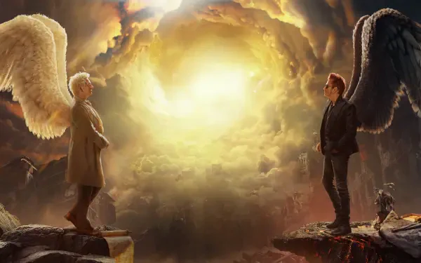Good Omens 4K Ultra HD PC desktop wallpaper and background: an angel and a demon stand on opposing cliffs, facing a brilliant golden cloud portal.