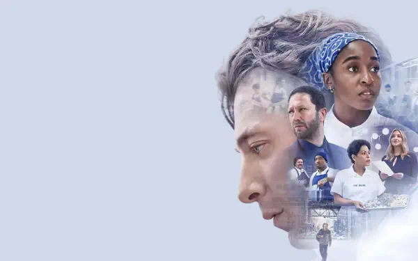 4K Ultra HD PC desktop wallpaper for The Bear: pale-blue collage with a man's profile and smaller character portraits layered over faint kitchen scenes.
