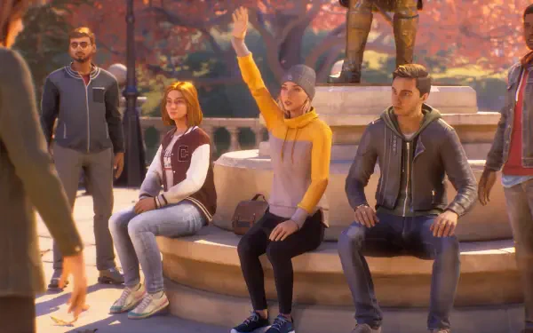 4K Ultra HD PC desktop wallpaper from the video game Life Is Strange: Reunion (Life Is Strange) — characters sit on campus steps, one waves under autumn trees.