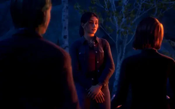 Moonlit scene from the video game Life Is Strange: Reunion (Life Is Strange): three characters in a birch forest, a woman facing two figures. 4K Ultra HD PC desktop wallpaper/background.