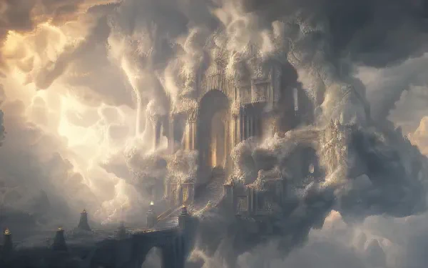 4K Ultra HD PC desktop wallpaper and background: a colossal dwarven hall carved into a cloud-wreathed mountain, glowing golden windows and stone bridges emerging from mist.