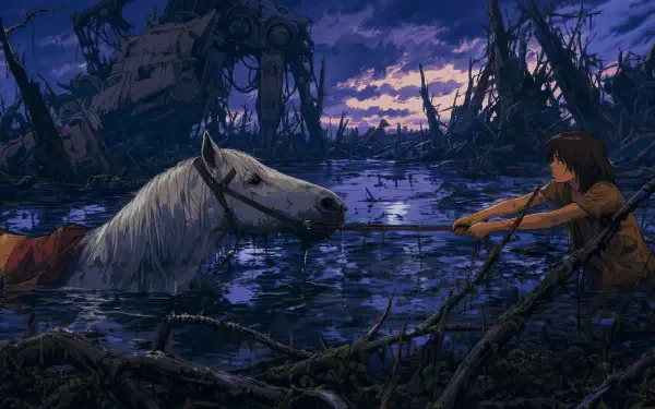 4K Ultra HD PC desktop wallpaper/background from The Neverending Story movie: Atreyu reaches for his sinking white horse in the misty Swamps of Sadness beneath a purple twilight sky.