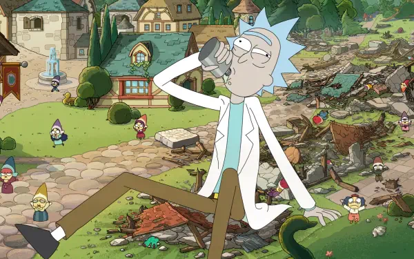 TV show Rick and Morty — season 9 HD PC desktop wallpaper: Rick drinking and lounging amid a ruined suburban yard strewn with garden gnomes, debris and overturned objects.