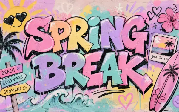 Colorful graffiti-style 'SPRING BREAK' artwork with palm trees, surfboard, waves, sun, flowers and a Polaroid; bright 4K Ultra HD PC desktop wallpaper background.