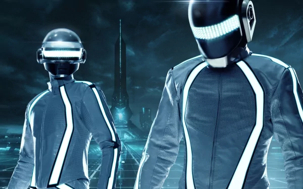 A vibrant HD desktop wallpaper featuring Daft Punk, showcasing the iconic duo in sleek, illuminated outfits against a futuristic backdrop.