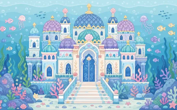 4K Ultra HD PC desktop wallpaper and background: ornate pastel underwater palace with domes, arched doorway and steps, surrounded by coral, seaweed, colorful fish and jellyfish.