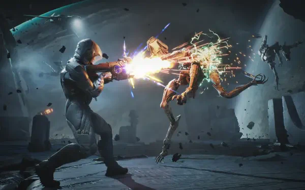 Video game Exodus (2027) 4K Ultra HD PC desktop wallpaper: armored soldier fires an energy weapon at a leaping robotic enemy in a dark, debris-strewn sci‑fi arena, sparks and electrical arcs.