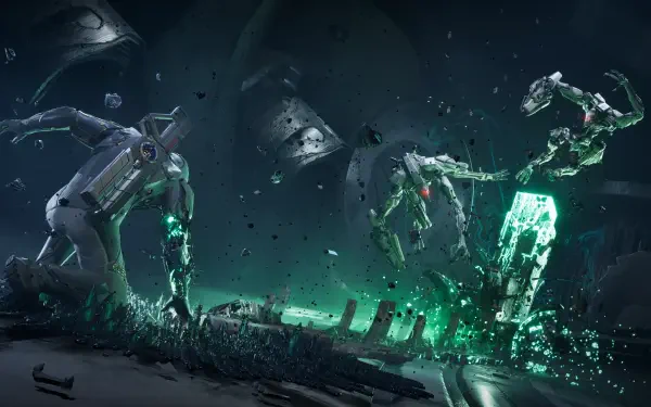 Exodus (2027 video game) 4K Ultra HD PC wallpaper — a ruined sci‑fi scene of broken robots and glowing green crystalline energy over scattered debris.