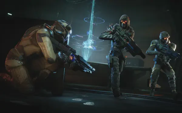 Three armored soldiers with glowing visors surround a holographic energy column in a dark sci-fi room — Exodus (2027 video game) 4K Ultra HD PC desktop wallpaper
