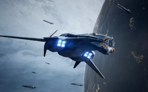 4K Ultra HD PC desktop wallpaper/background: sleek spaceship flies over a planet with escort frigates — art for the video game Exodus (2027).