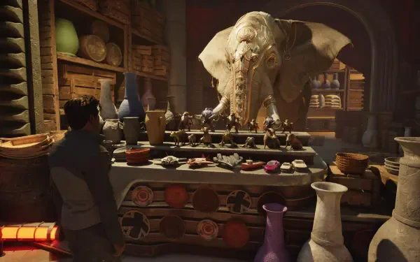 HD PC desktop wallpaper — Exodus (2027) video game: a market stall with a giant elephant head, rows of pottery and figurines, and a lone shopper amid warm, dim light.