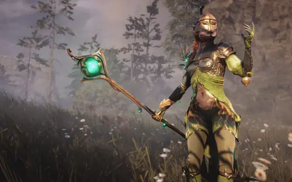 Soulframe video game 4K Ultra HD PC wallpaper: druidic armored warrior in green‑gold armor holding a glowing staff with an emerald orb, standing in a misty forest meadow.