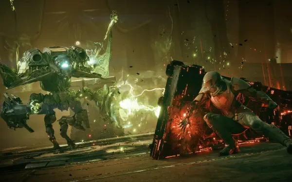 Exodus (2027 Video Game) 4K Ultra HD PC desktop wallpaper: a combatant with a glowing red energy shield battles a towering mech amid sparks, electrical arcs and ruined industrial debris.