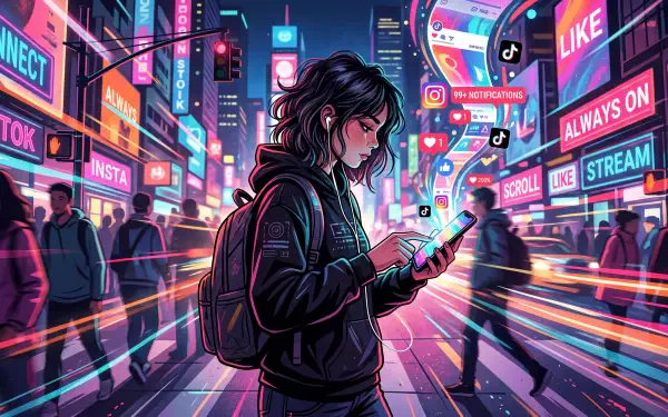 Neon cybercity 5K Ultra HD PC Desktop Wallpaper and Background: lone youth glued to phone amid blurred crowds and floating app icons, a vivid portrait of phone addiction.