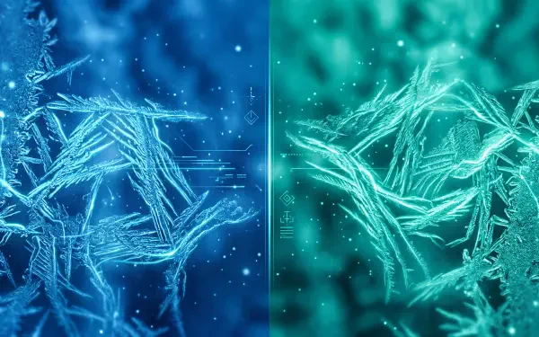 Dual-tone 5K Ultra HD PC desktop wallpaper: split blue and teal close-up of crystalline ice patterns with soft bokeh and subtle geometric accents.