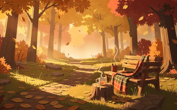 Cozy autumn 4K Ultra HD PC desktop wallpaper: sunlit forest path with golden trees, a bench draped in a plaid blanket, steaming mug on a stump and leaves drifting down.