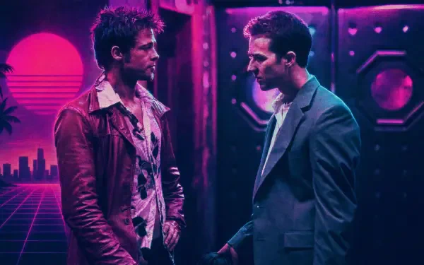 Fight Club 4K Ultra HD PC desktop wallpaper: two men confront each other in a neon-pink, retro-futuristic room, tense standoff with dramatic shadows.