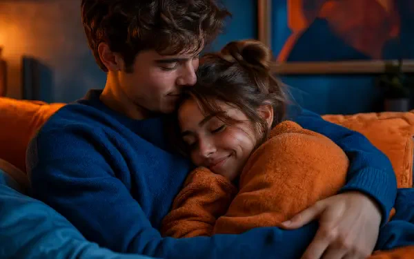 4K Ultra HD PC desktop wallpaper: warm, intimate cuddle of a couple on a couch, wrapped in cozy sweaters under soft ambient lighting.