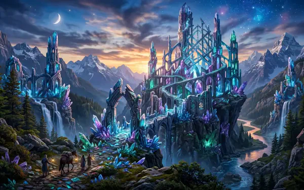 5K Ultra HD PC desktop wallpaper: glowing crystal-studded fantasy ruins on a mountain lake, arched bridges and spires under a starry twilight sky.
