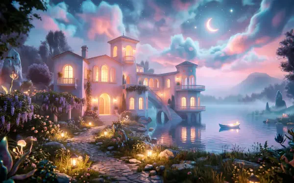 Villa at moonlit lakeside with glowing windows, lanterns, flowers and a small boat under dreamy clouds, 5K Ultra HD PC Desktop Wallpaper and Background