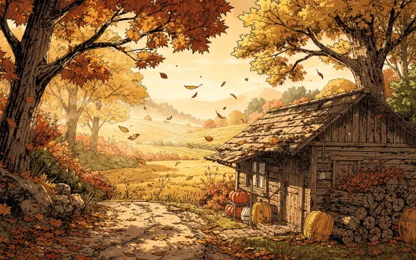 Rustic fall 4K Ultra HD PC desktop wallpaper: a weathered cabin with stacked logs and pumpkins by a leaf-strewn path beneath golden trees and rolling hills.